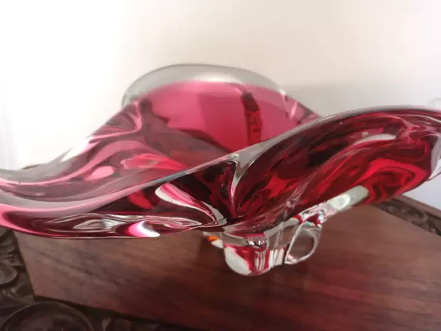 Large Art glass Murano style bowl Cranberry and orange tone