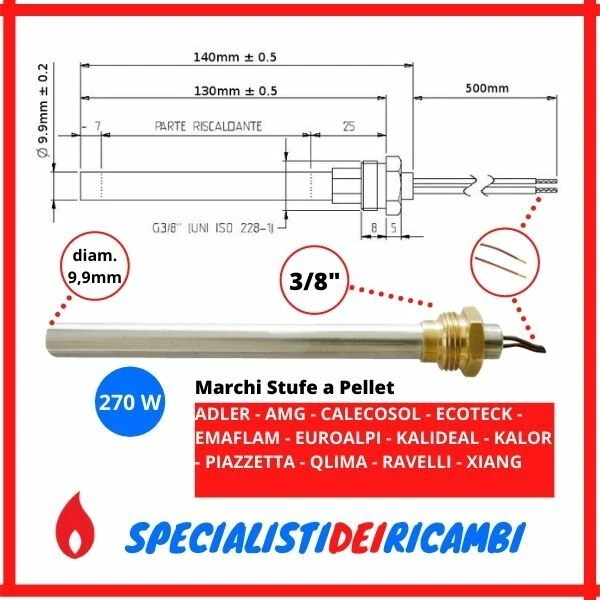 GOLDMAN SERVICE Resistenza Per Accensione Stufa A Pellet. Potenza 270 W, Vite 3/8", Diametro 9,9 Mm, L135-145 Mm - Foto 11