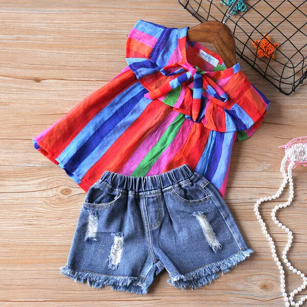 Completo Bimba bambina Maglia t shirt rosa pantaloni corti denim jeans .  B047