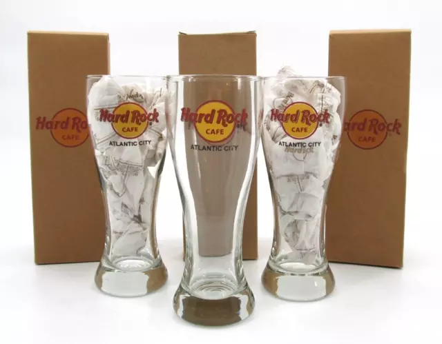 Hard Rock Cafe Atlantic City Collectible Glasses Pilsner Beer with Box Set of 3