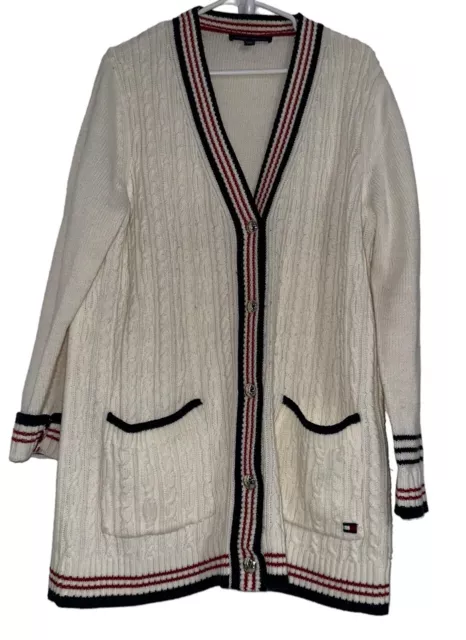 Tommy Hilfiger Cream Long Striped-Trim Cable Knit V-Neck Cardigan Women’s XL