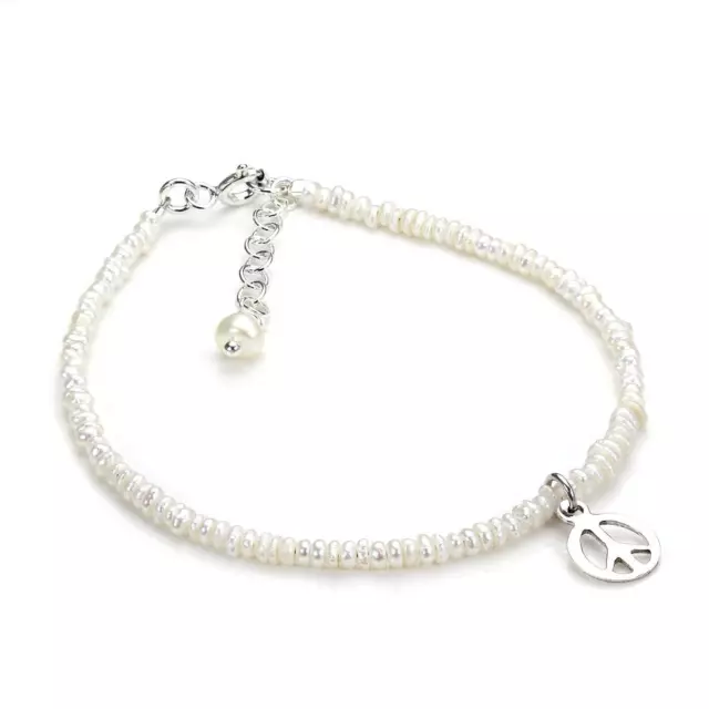 Fine 925 Sterling Silver & White Freshwater Pearl Bracelet with Peace Charm