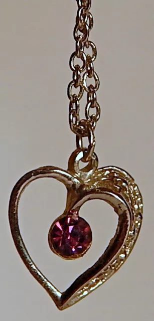 Vint Silver Heart Pendant Necklace Amethyst Rhinestone On 18" Chain