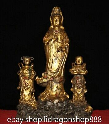 12" Vieux Bouddhisme Chinois Bronze Doré Kwan-yin Guan Yin Déesse Statue