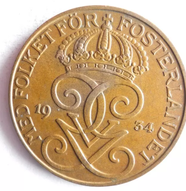 1934 SWEDEN 5 ORE - Excellent Coin - FREE SHIP - Premium Bin 10