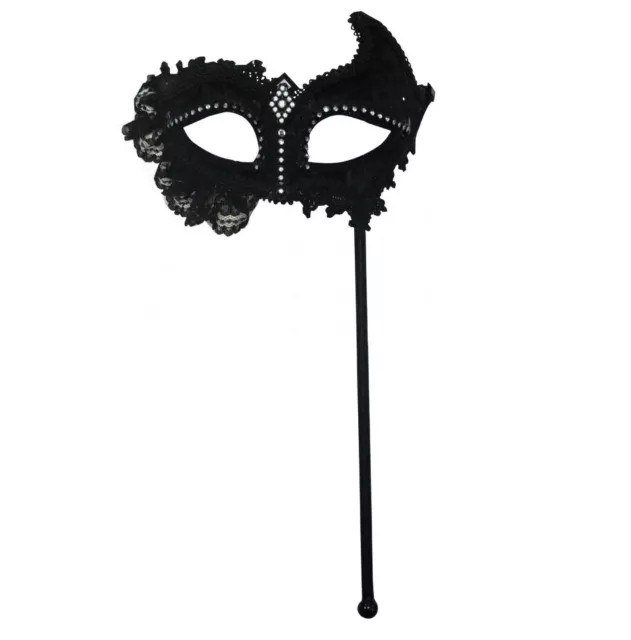 Maschera occhi donna in pizzo nero mascherata su bastone abito fantasia carnevale veneziano