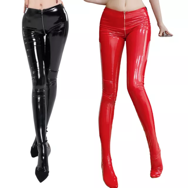 Sexy Femme Leggings Simili Cuir Taille basse Slim Pantalon avec Fermeture éclair