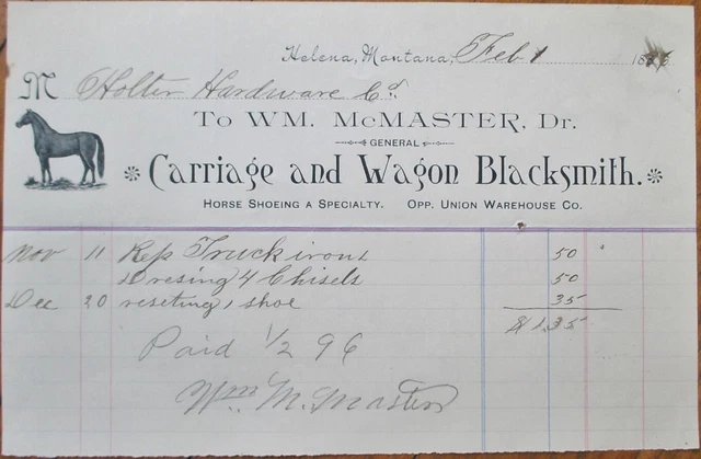 Helena, MT 1896 Letterhead, Carriage and Wagon Blacksmith, Montana, McMaster