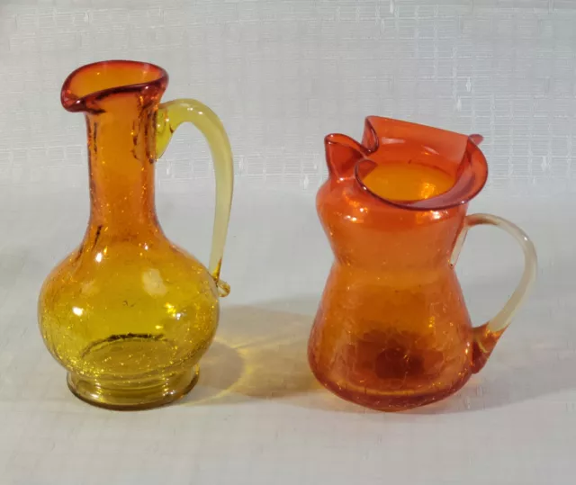 Pair of Mid Century Amberina & Orange Crackle Glass Miniature Pitchers Glows