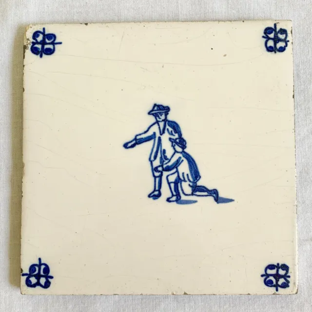 Antique Dutch Delft Blue & White Bowling Faience Tile Playing Scene 1890s