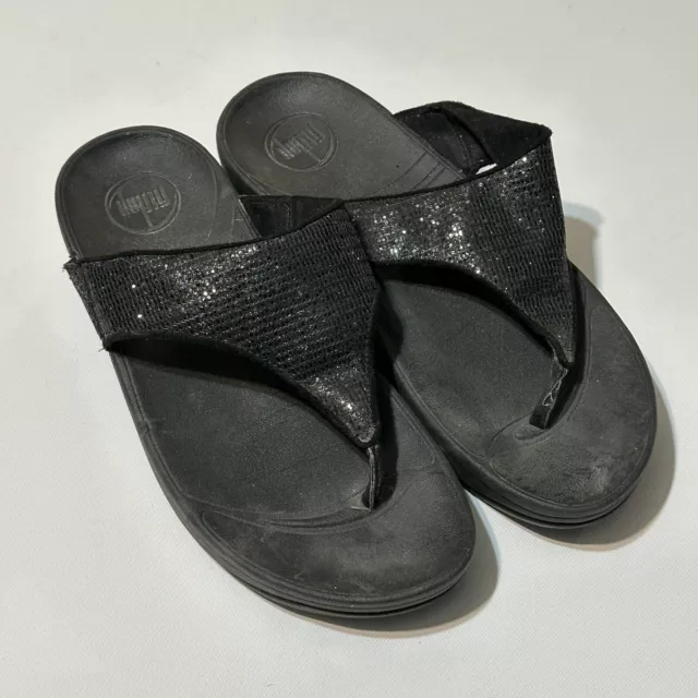 FitFlop Women’s Size 7 Lulu Superglitz Leather Thong Mule Sandals Black Slip On