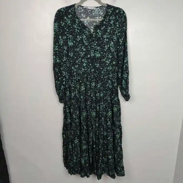 Zara The Angel Dress Womens XS Black Green Floral Midi Prarie Button Front Boho