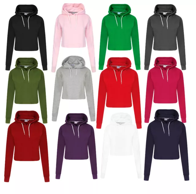 Ladies Womens Girls Plain Casual Top Crop Pullover Sweatshirt Jumper Hoodies New