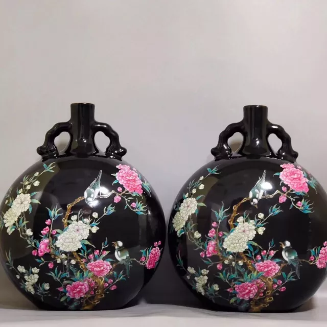 A Pair Fine Chinese Hand Painting Famille Rose Porcelain Flowers Bird Flat Vase