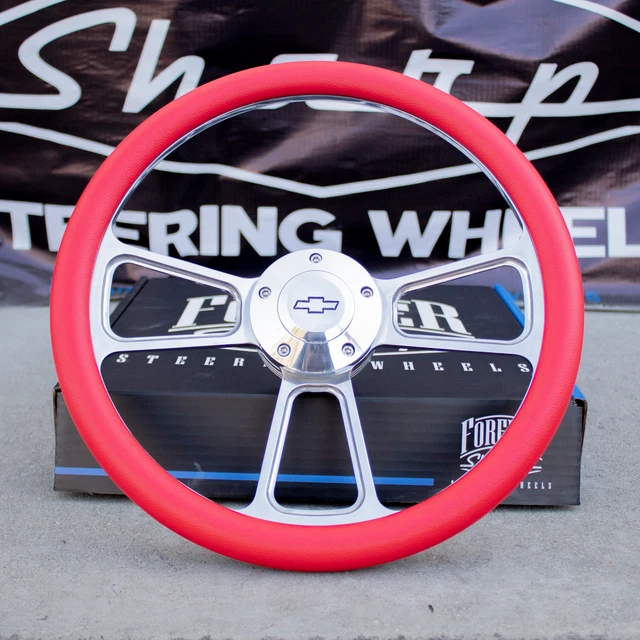 14" Billet Steering Wheel for Chevy GM Ford Dodge - Red Wrap Licensed Chevy Horn