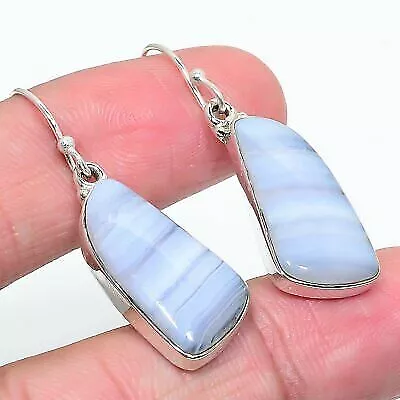 Natural Blue Lace Agate Gemstone 925 Sterling Silver Jewelry Earring 1.65 "