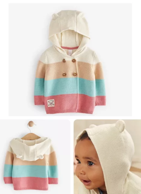 Baby Girls FAT FACE Hooded Cardigan Bear Ears Pink Cream Cotton Knitted Jacket