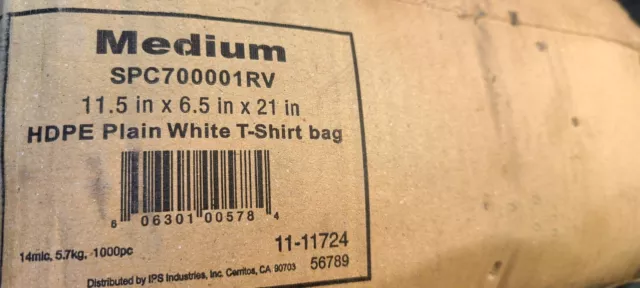 (1000 Pack) HDPE Plain White T-Shirt Bags 11.5" x 6.5" x 21" SPC700001RV Medium