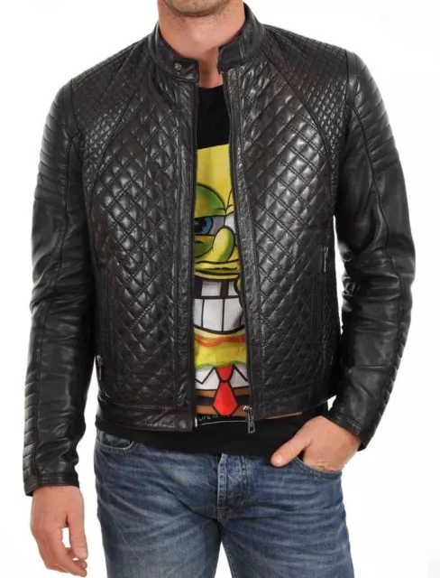 New Men's Quilted Motorcycle Genuine Lambskin Leather Biker Black Leather Jacket
