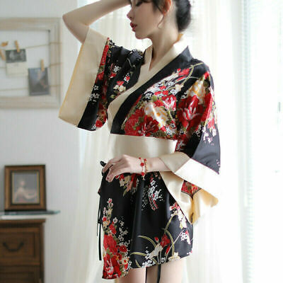 US Women Sexy Kimono Japanese Floral Printed Robe Belt Cosplay Sleepwear Pajamas