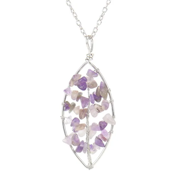 Natural Amethyst Crystal Tree of Life Leaf Pendant Necklace Healing Reiki Amulet