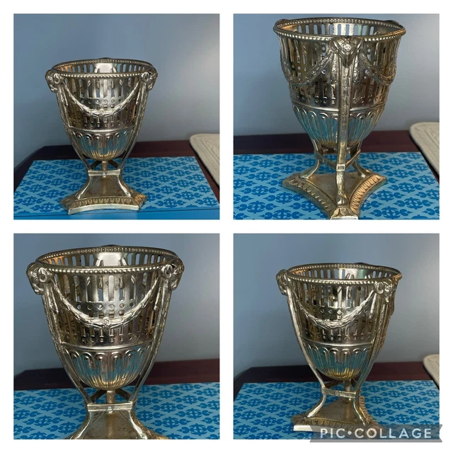 Silver Plate Rams Head Ornate Vase Germany Unique Design Grecian Fretwork