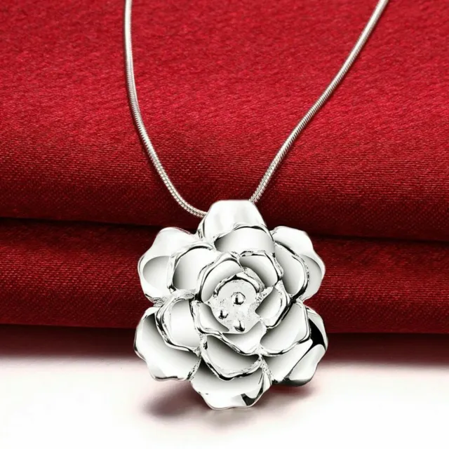 Rose Flower 925 Sterling Silver Plated Pendant Necklace Choker Women