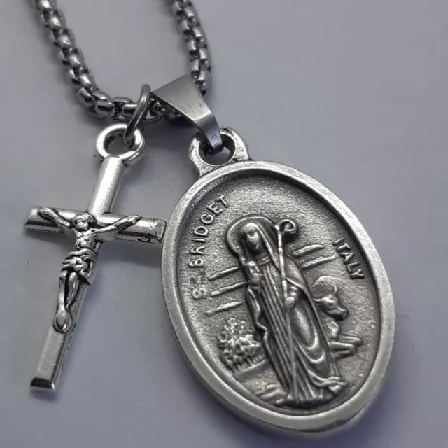 St Bridget, St Brigid, necklace. Stainless steel box chain with crucifix.