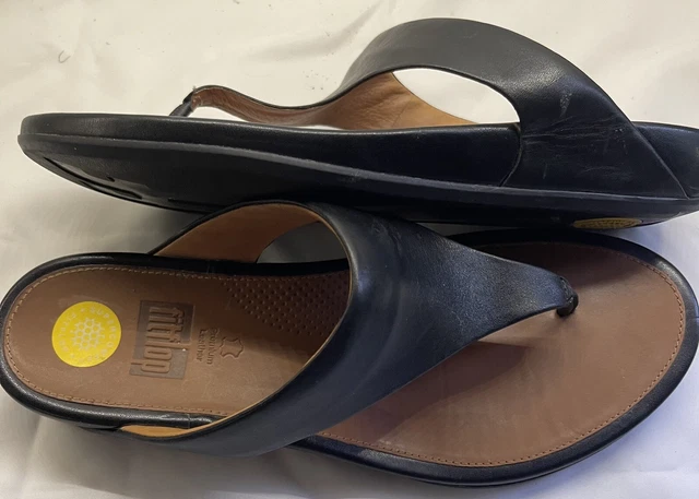 FitFlop Banda Black Leather Toe-Post Thong Sandals Women's Shoe Size 11 Or 42