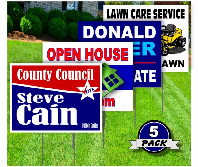 5 Pack - Custom Yard Signs-18x24-Full Color Design-Double Sided-Stakes Optional