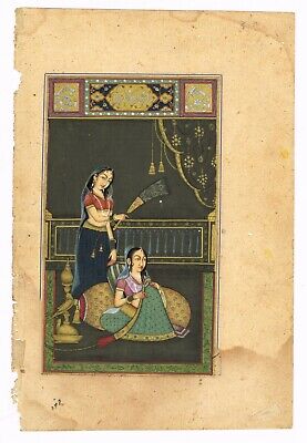 Mughal Miniature Old Painting Of Mughal Empress Seated On Carpet With Hookah