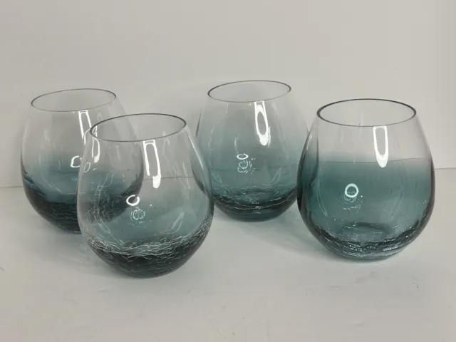 Set of 4 Pier 1 Crackle Glass Stemless Wine Glass Teal Blue Hand Blown 16oz