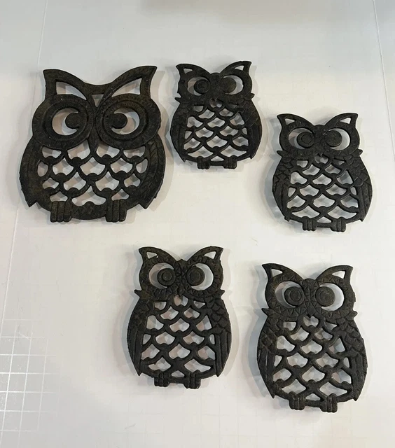 Vintage Cast Iron Black Owl Shape Trivets  1970's  Set of 5 - 1 Large 4 Small