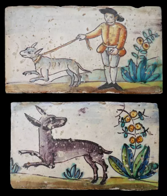 PAIR ANTIQUE 18thC SPANISH CATALAN TIN GLAZED FAÏENCE POTTERY HUNTING TILES