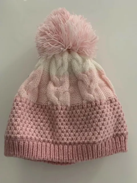 Baby Girls Bobble Hat & Mittens Pink Cable Knit Size 3-6 Months