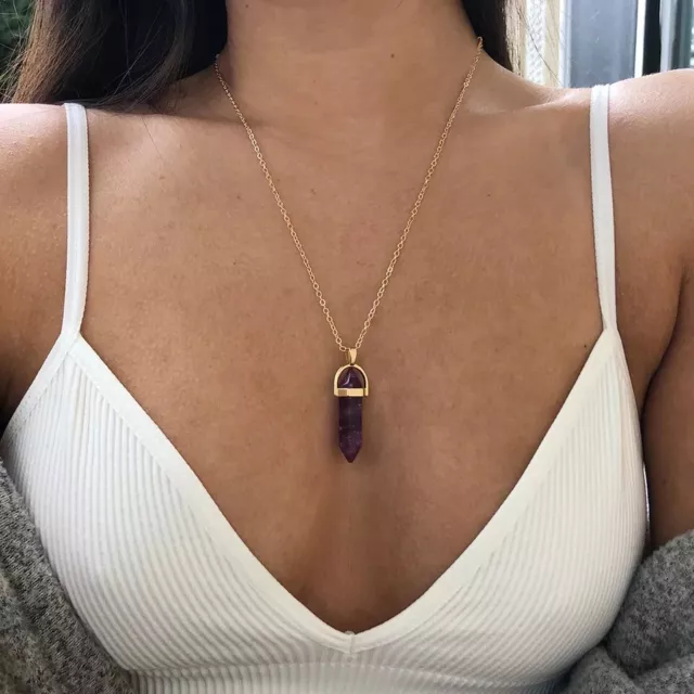 ZARD Natural Amethyst Healing Crystal Gem Chakra Wand Pendant Goldtone Necklace