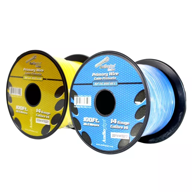 Bote de cable remoto de alimentación a tierra primaria Audiopipe (2) 14ga 100 ft CCA azul/amarillo