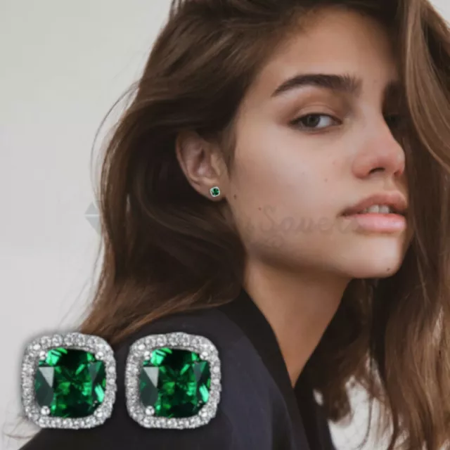 Emerald Green Cubic Zirconia Crystal Square Solitaire Ear Stud Fashion Earrings