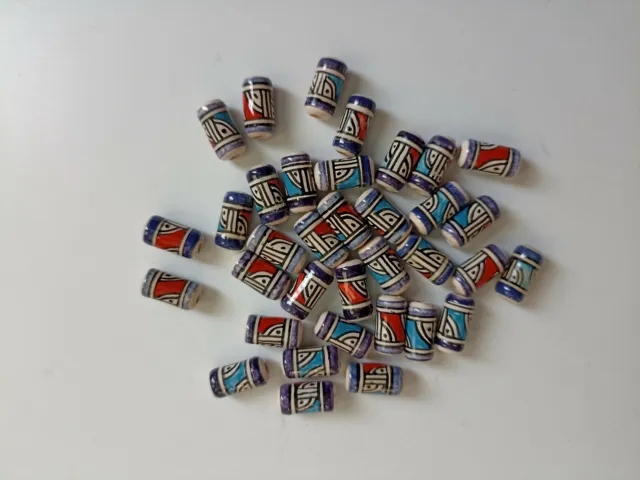 20 Keramik Perlen ,Zylinder Walze blau rot,peru Indianer Schmuck basteln