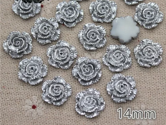 Silver Resin Rose Flower Flat back Cabochon DIY Wedding Decoration Craft 14 MM