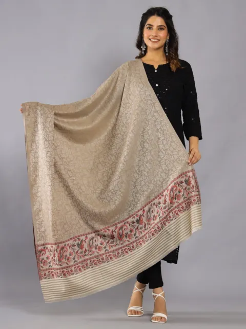 Large Wool Jamavar Paisley Shawl Throw Beige & Red India Jamawar Pashmina Shawl