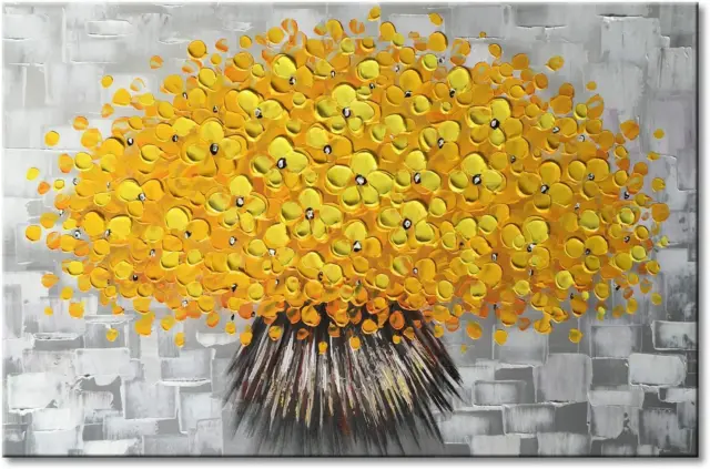 Handmade Yellow Flower Wall Art on Canvas One Piece Painting Gray Modern Abstrac