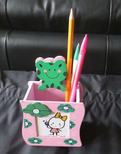 Wooden Desktop Office Pencil Pen Holder Organizer Stationary w Pink with Frog