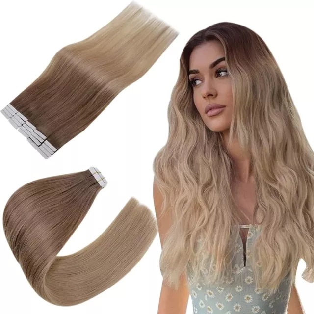 22'' Tape Extensions Real Human Hair Ombre Brown to Golden Blonde Glue in Remy