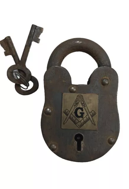 Candado antiguo con logotipo masónico de latón con dos llaves, candado...