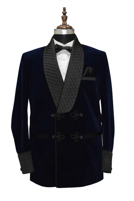 Veste Smoking Homme En Velours Bleu Matelassé - Fait Main, Idéal Pour Mariage & Soirée
