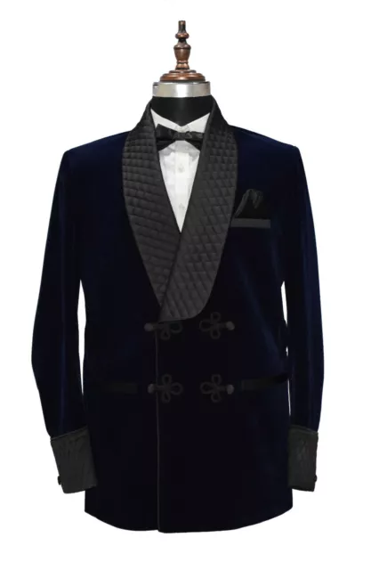 Uomo Fumare Giacca Trapuntata Bavero Blu Navy Velluto Cena Blazers Cappotti