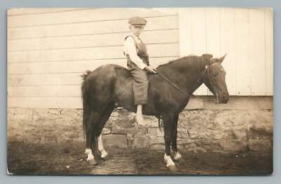 Pony Riding Boy RPPC Plymouth Illinois~Overalls Horse Farm Photo Postcard 1914