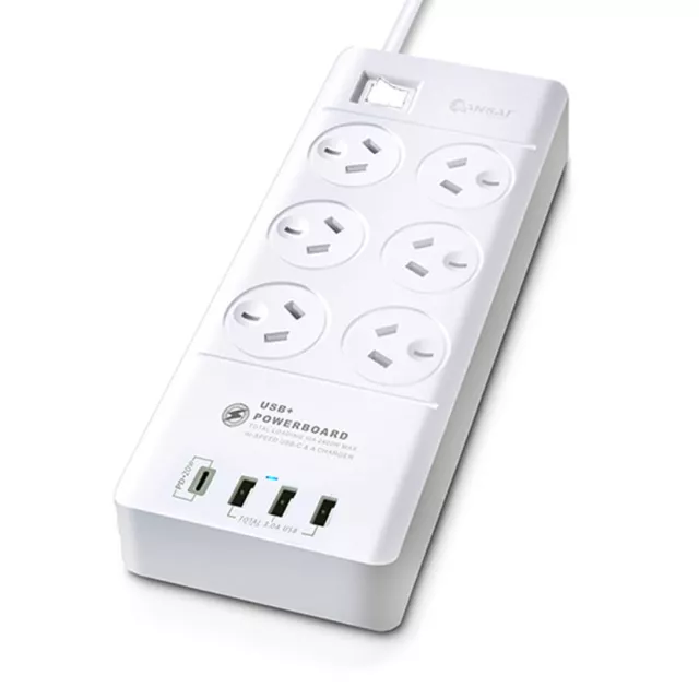 Sansai 6-Way Outlet 2400W Surge Protector Power Board/USB-A/USB-C Charger Ports