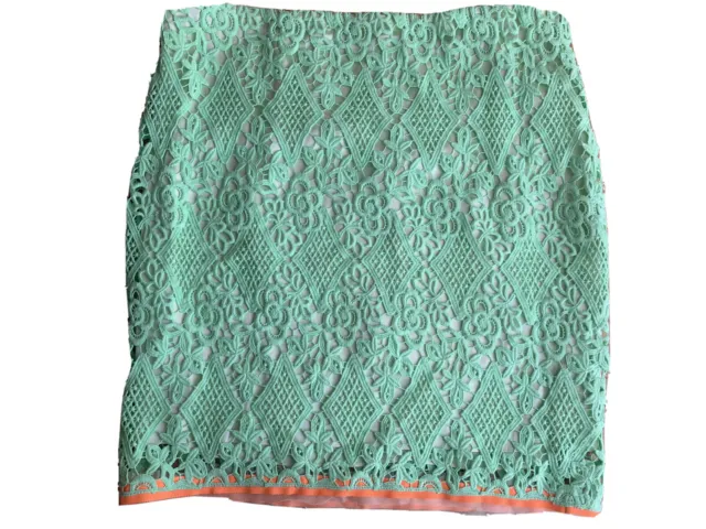 Nwt Elie Tahari Crochet Lined Pencil Bella Skirt Cotton Teal Neon Lime Sz 12 B43